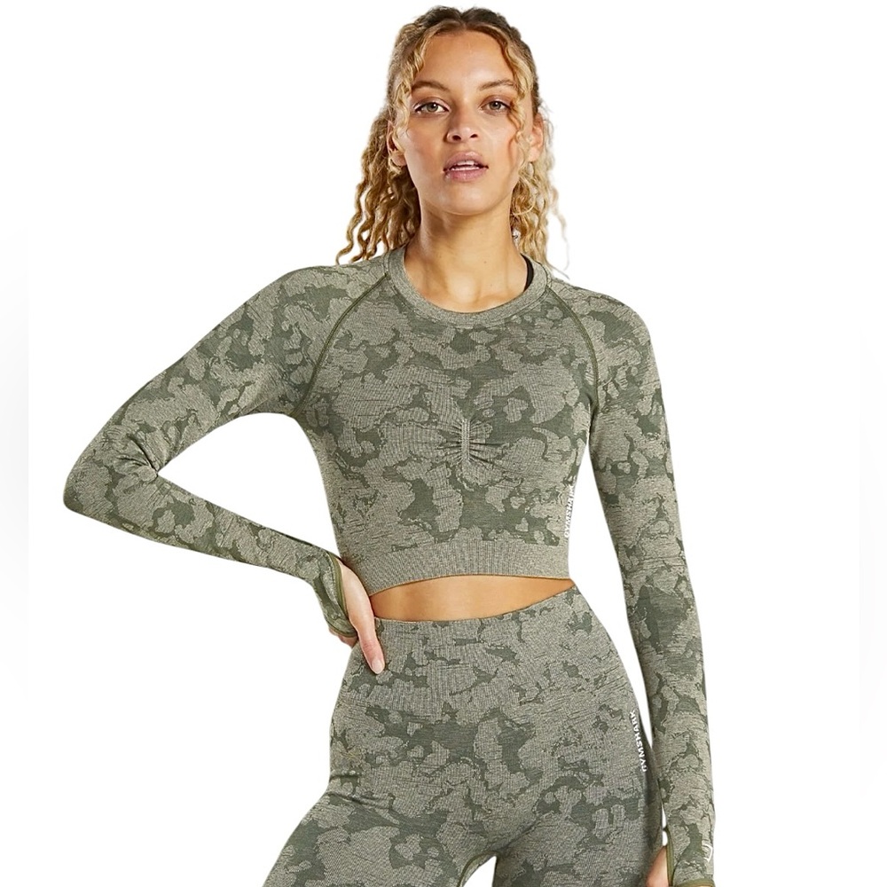 Gymshark Adapt Camo Seamless Long Sleeve 2020 Line Crop Top Size Small (Blue)